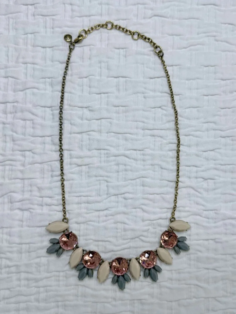 J. Crew Gold Tone w/Pink Gray Cream Glass 18” Women’s Statement Necklace